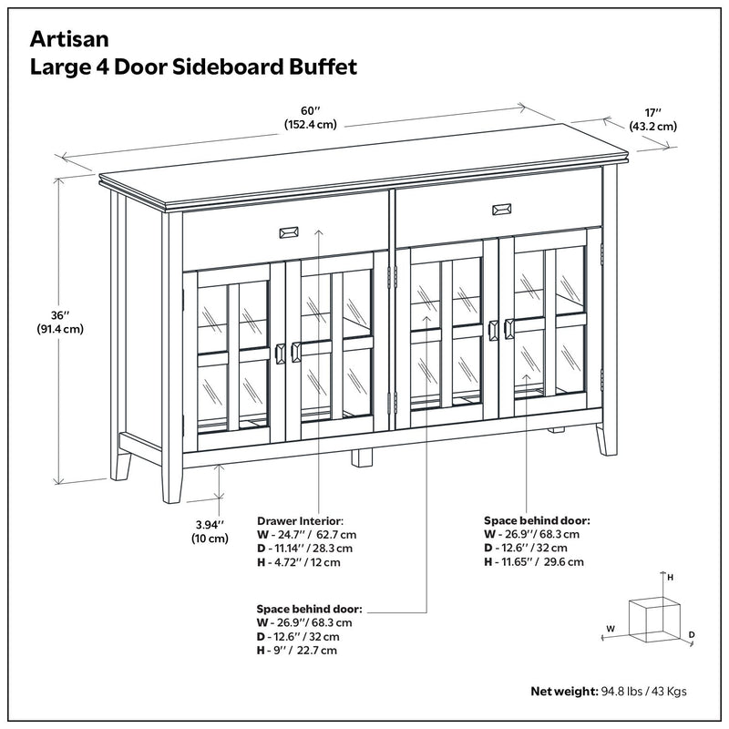 Rustic russet brown large four-door sideboard buffet by Simpli-Home, featuring wood grain finish and ample storage space.