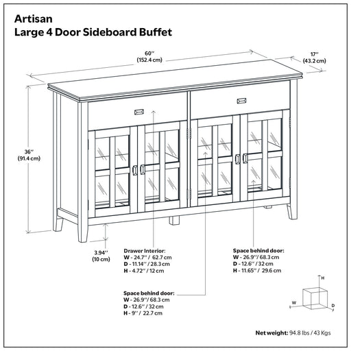 Rustic russet brown large four-door sideboard buffet by Simpli-Home, featuring wood grain finish and ample storage space.