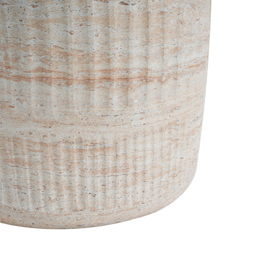 Noble House beige lightweight concrete side table with travertine top, suitable for outdoor and indoor use.