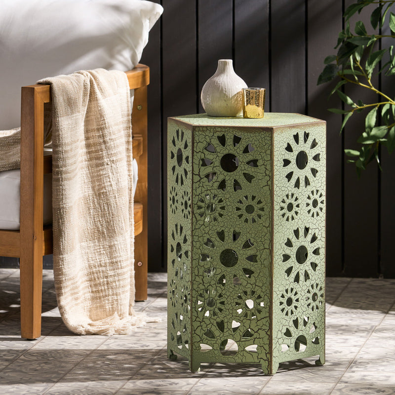 Noble House Galore side table featuring a sunburst cut-out design, round shape, and elegant wooden finish for modern decor.