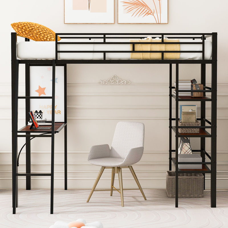 Loft Metal Bed With 3 Layers Of Shelves And Desk, Stylish Metal Frame Bed With board - R&R Furniture Gallery (Fountain Valley, CA)