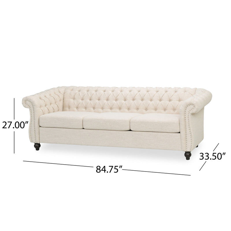 Noble House Chesterfield style 3-seater sofa with deep button tufting, beige upholstery, and classic stationary design.
