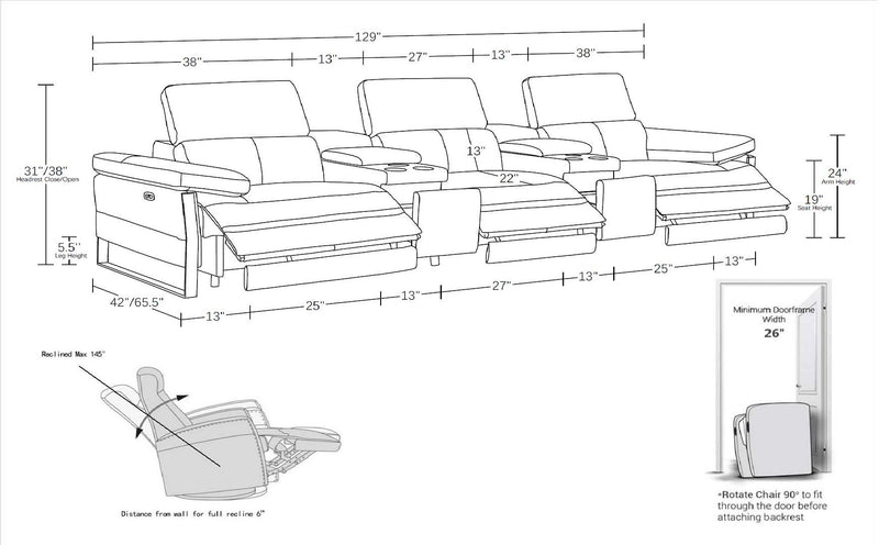 1246 - Modular Power Triple Reclining Dual Console Sofa With Power Reclining Headrests