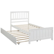 DreamHaus platform trundle bed with clean lines, featuring a sturdy wooden frame and a hidden pull-out trundle for extra sleeping space.