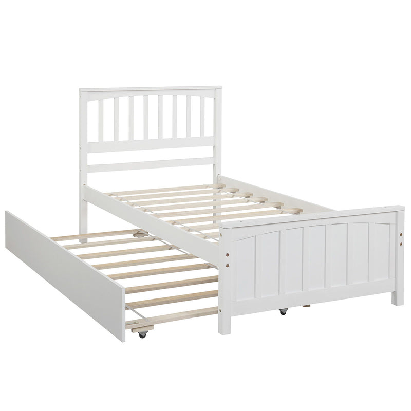 DreamHaus platform trundle bed with clean lines, featuring a sturdy wooden frame and a hidden pull-out trundle for extra sleeping space.