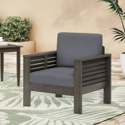 Noble House slat design arm chairs with cushions, featuring wooden frames and comfortable upholstery for stylish seating.