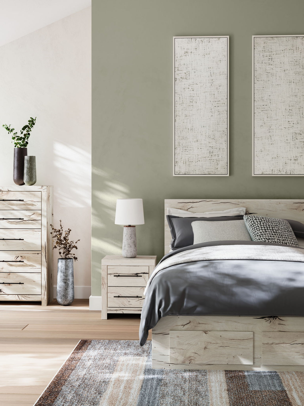 Signature Design by Ashley Lawroy panel bed with built-in storage drawers and a modern wood finish.