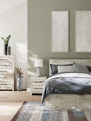 Signature Design by Ashley Lawroy panel bed with built-in storage drawers and a modern wood finish.