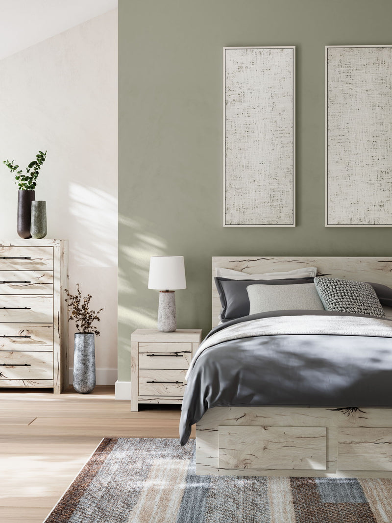 Signature Design by Ashley Lawroy panel bed with built-in storage drawers and a modern wood finish.