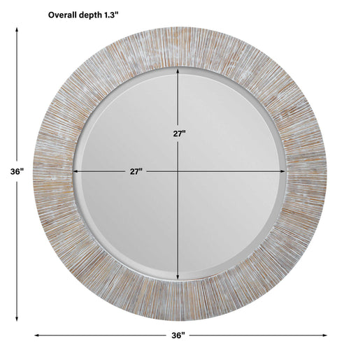Round whitewash wall mirror by Uttermost with a sleek, modern frame suitable for contemporary home decor.