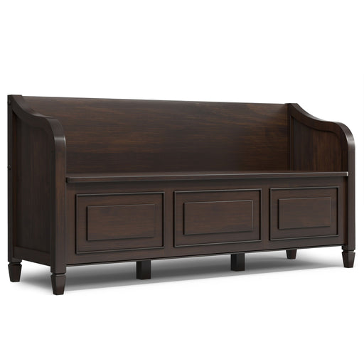 Simpli-Home Connaught storage bench with wooden top and fabric-upholstered seating for extra storage and seating.