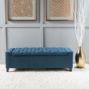 Noble House Guernsey storage ottoman with tufted top, versatile beige fabric, and hidden storage compartment.
