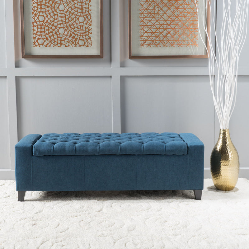 Noble House Guernsey storage ottoman with tufted top, versatile beige fabric, and hidden storage compartment.