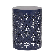 Set of two navy blue Noble House modern iron end tables with cut-out design and square tops.