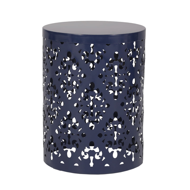 Set of two navy blue Noble House modern iron end tables with cut-out design and square tops.