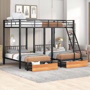 DreamHaus triple bunk bed with built-in drawers, guardrails, and sturdy wood frame, designed for space-saving bedroom storage.
