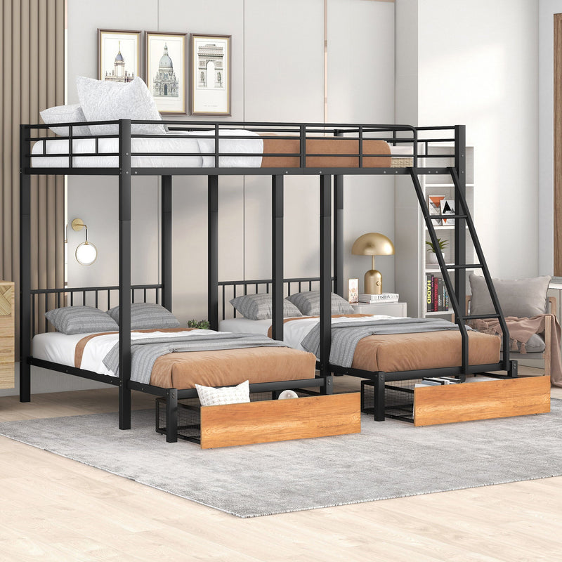 DreamHaus triple bunk bed with built-in drawers, guardrails, and sturdy wood frame, designed for space-saving bedroom storage.