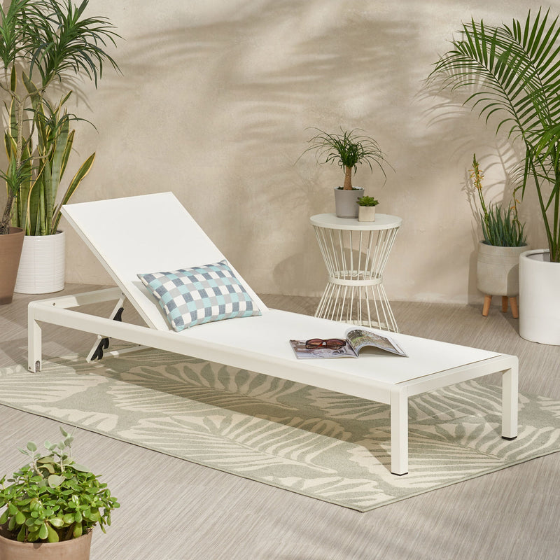 Noble House outdoor patio chaise lounge with five reclining positions, featuring a cushioned seat and adjustable backrest.