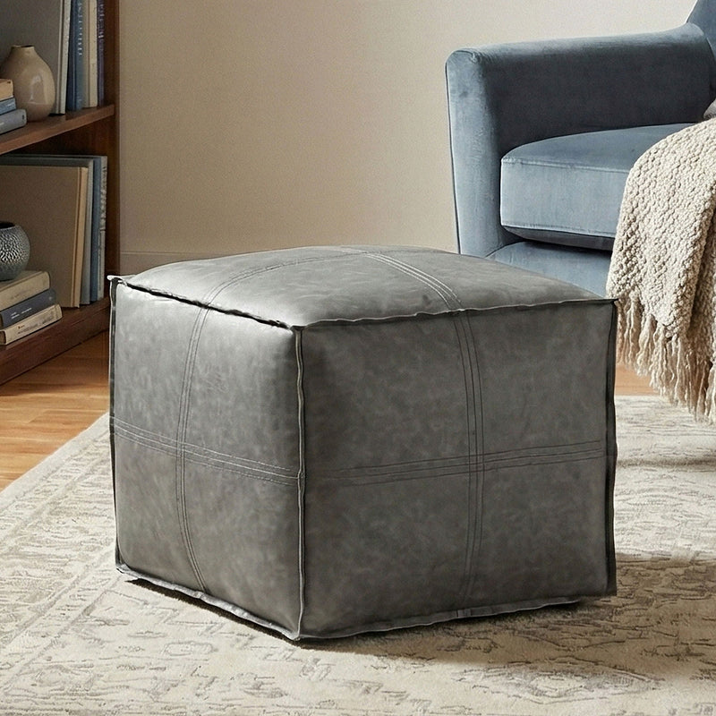 Simpli-Home Brody square accent pouf in neutral fabric, versatile and stylish for seating or décor.