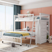 DreamHaus bunk bed with six drawers, flexible shelves, and a bottom bed on wheels, showcasing modern design and functional storage.
