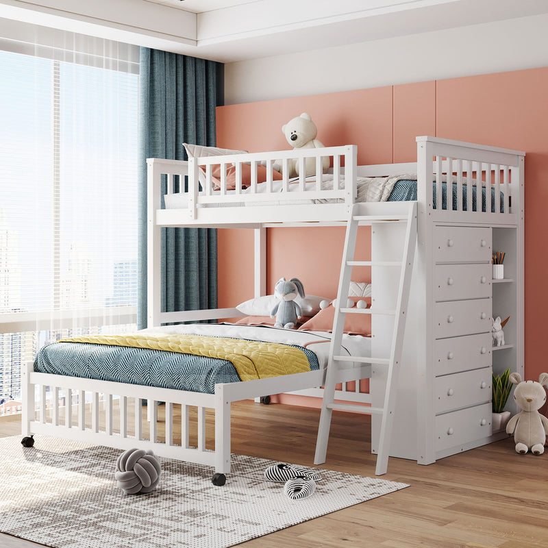 DreamHaus bunk bed with six drawers, flexible shelves, and a bottom bed on wheels, showcasing modern design and functional storage.