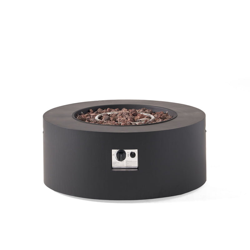 Round iron fire pit from Noble House with a 40,000 Btu burner, perfect for outdoor heating and gatherings.