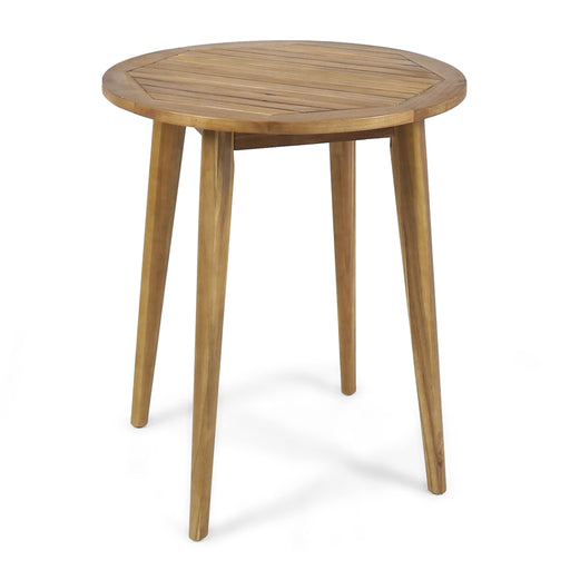 Noble House Stamford modern outdoor bistro table with teak surface and water-resistant finish, ideal for patio dining.