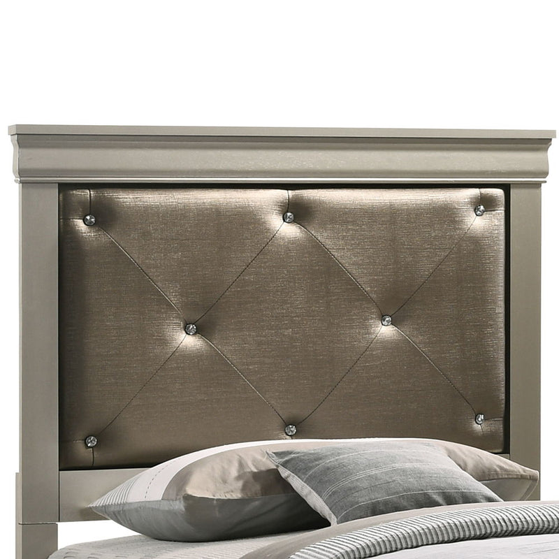 Upholstered bed from Glory Furniture's Lorana collection, featuring a padded headboard and elegant fabric upholstery.
