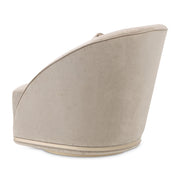 Michael Amini La Rachelle swivel chair with plush upholstery and a curved back, featuring wooden legs and a modern design.