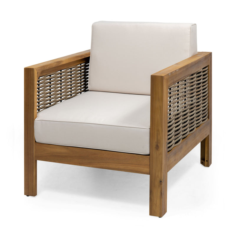 Outdoor 4 seater acacia wood chat set with wicker accents and beige cushions, perfect for outdoor patio relaxation.
