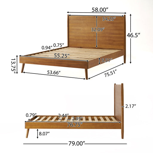 Noble House Okioki mid-century wood platform bed with sleek design and natural wood finish, shown in a modern bedroom setting.