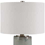 Uttermost Callais crackled aqua table lamp with a ceramic base and fabric shade, perfect for modern and coastal decor.