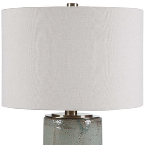 Uttermost Callais crackled aqua table lamp with a ceramic base and fabric shade, perfect for modern and coastal decor.