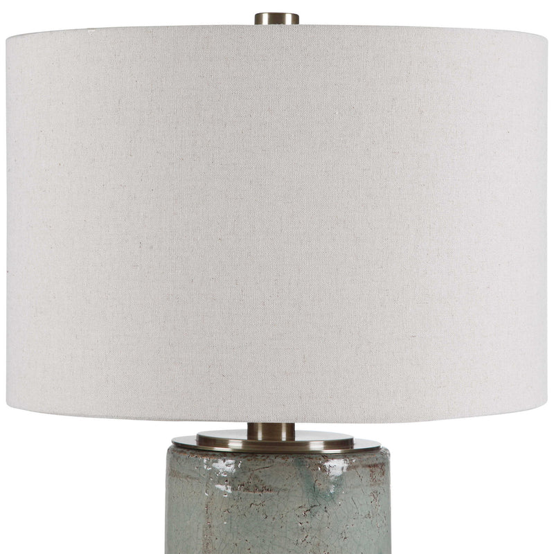 Uttermost Callais crackled aqua table lamp with a ceramic base and fabric shade, perfect for modern and coastal decor.