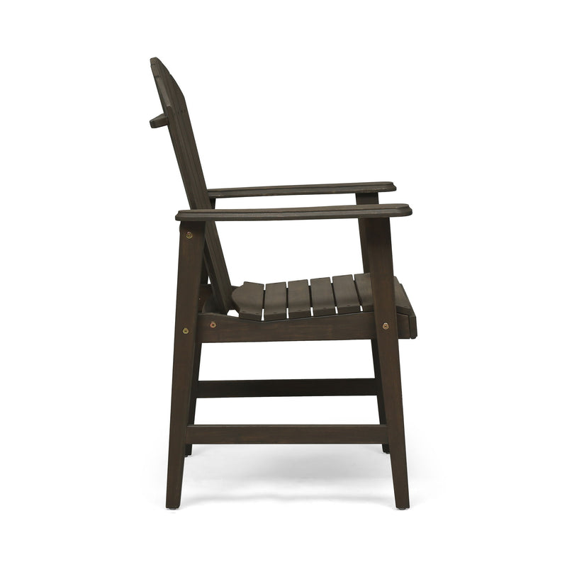 Set of two weather-resistant acacia wood Adirondack dining chairs by Noble House, outdoor patio furniture with a classic design.