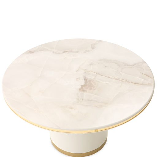 Michael Amini Gineverra round cocktail table with ivory and gold finish, featuring an elegant design and smooth tabletop surface.
