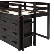 DreamHaus loft bed with integrated cabinet and shelf, featuring a sturdy wooden frame and space-saving design for bedrooms.