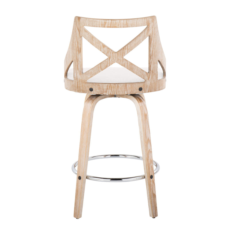 Lumi Source Charlotte farmhouse fixed height counter stools set of 2 with swivel seats and round footrests, natural wood finish.