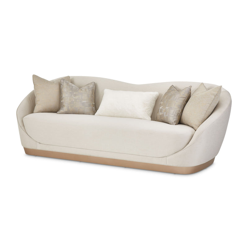Michael Amini La Rachelle stationary sofa with plush fabric, elegant design, and cushioned armrests in a stylish living room setting.