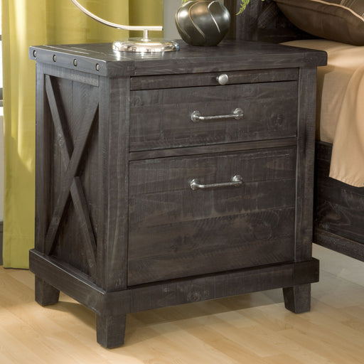 Modus Yosemite solid wood nightstand in cafe finish with a single drawer and minimalist design, shown from a front angle.