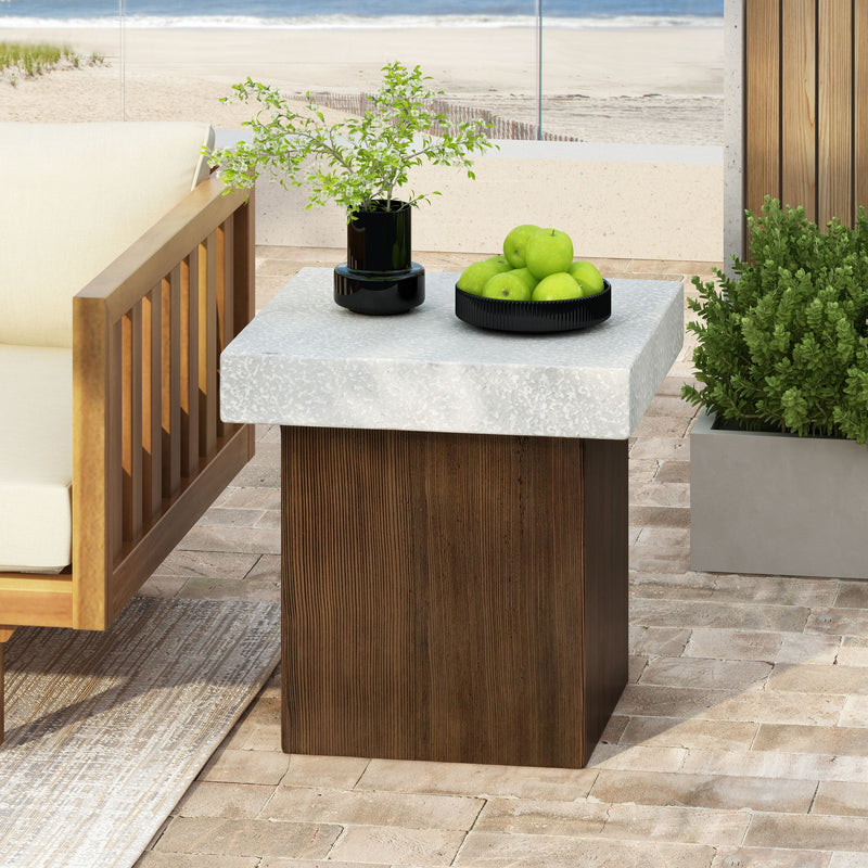 Mgo Square Side Table With Faux Stone Top And Wood Frame - Antique White / Natural Wood - R&R Furniture Gallery (Fountain Valley, CA)