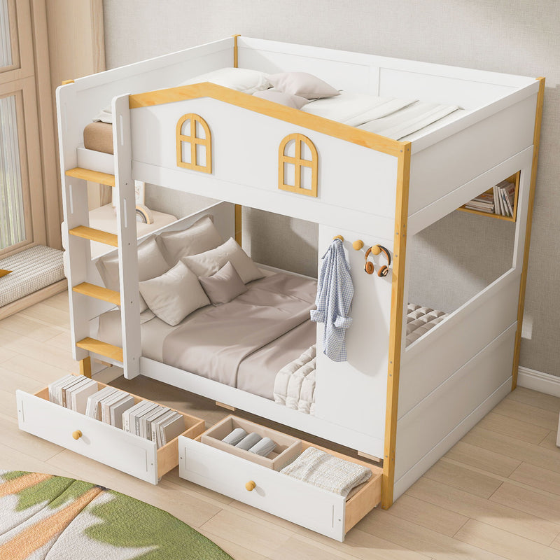White and natural twin over twin bunk bed by Dreamland with house-shaped guardrails, storage shelves, and drawers.