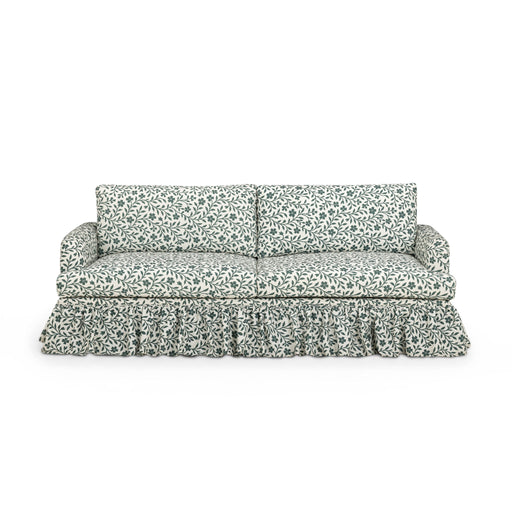 Gertrude TOV Furniture linen weave floral performance sofa with plush cushions and wooden legs, showcasing a stylish stationary sofa design.