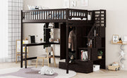 DreamHaus loft bed with integrated bookshelf, drawers, desk, and wardrobe, featuring a modern wooden design and ample storage space.