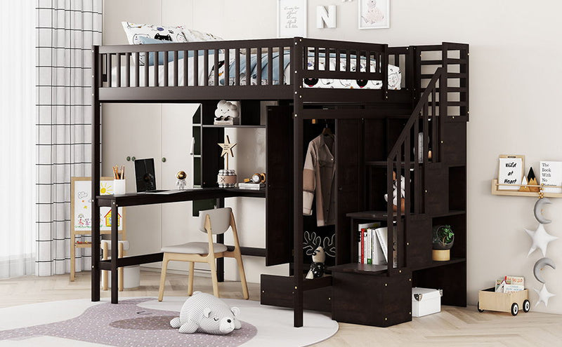 DreamHaus loft bed with integrated bookshelf, drawers, desk, and wardrobe, featuring a modern wooden design and ample storage space.