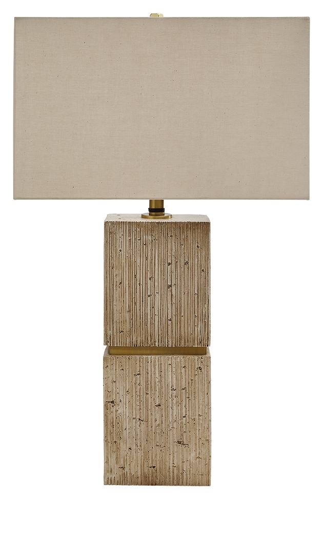 Beige Poly Table Lamp by Signature Design Ashley, featuring a sleek modern base and fabric shade for stylish home lighting.