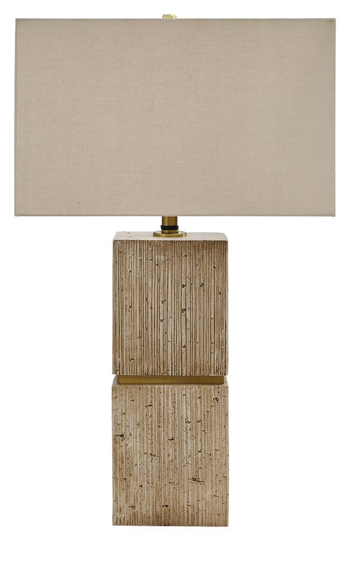 Beige Poly Table Lamp by Signature Design Ashley, featuring a sleek modern base and fabric shade for stylish home lighting.
