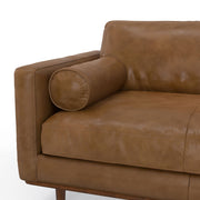 Simpli-Home Morrison upholstered stationary sofa with plush fabric and cushioned backrest in a modern living room setting.
