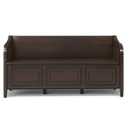 Simpli-Home Connaught storage bench with cushioned top and wooden base, ideal for entryways or living rooms.
