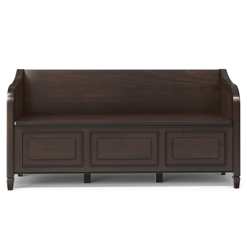 Simpli-Home Connaught storage bench with cushioned top and wooden base, ideal for entryways or living rooms.